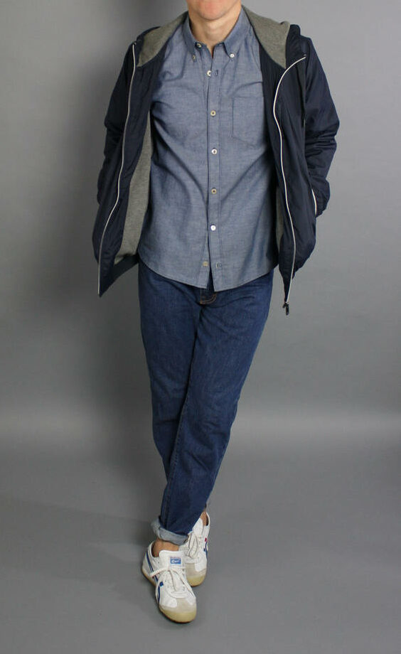 Chambray shirt jeans sneakers