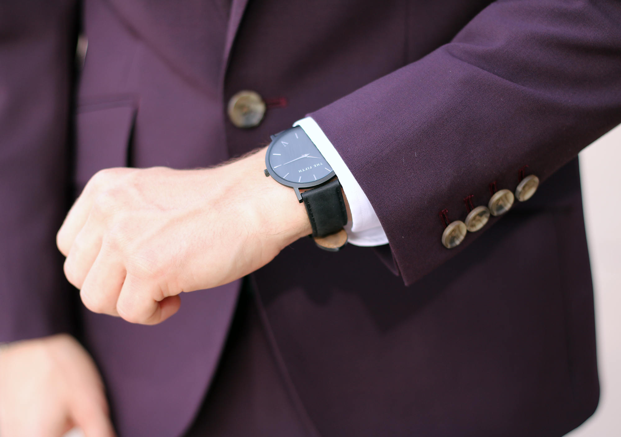 Burgundy suit with black watch