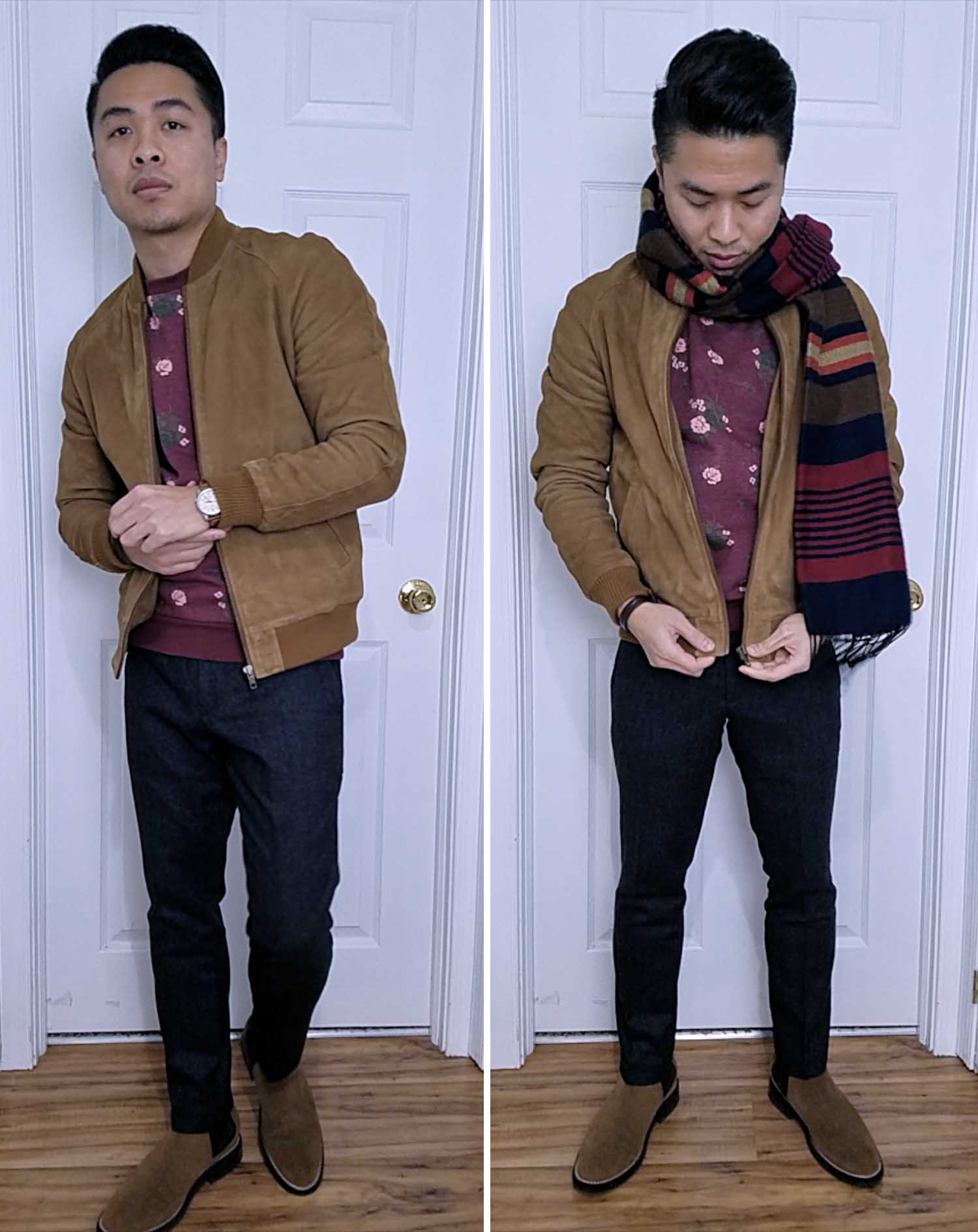 Casually outfit with suede jacket