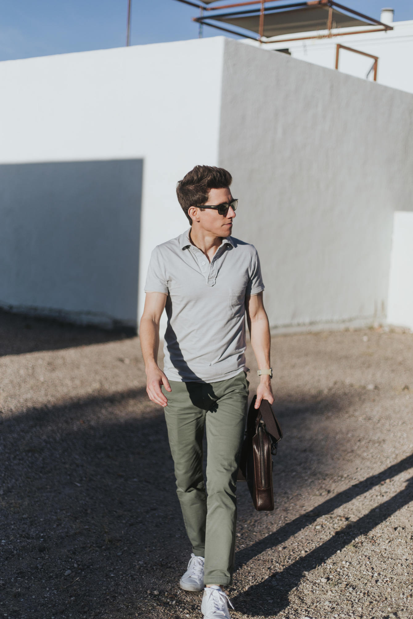 Grey polo with olive chinos