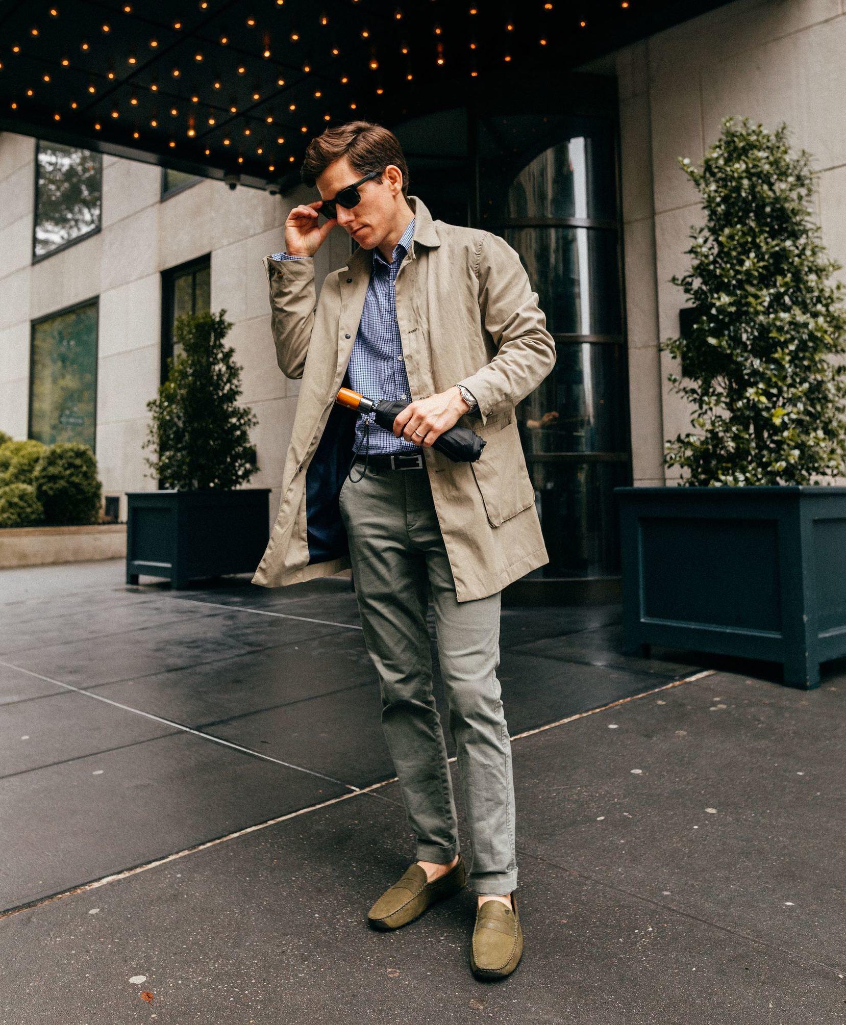 Olive chinos with tan raincoat