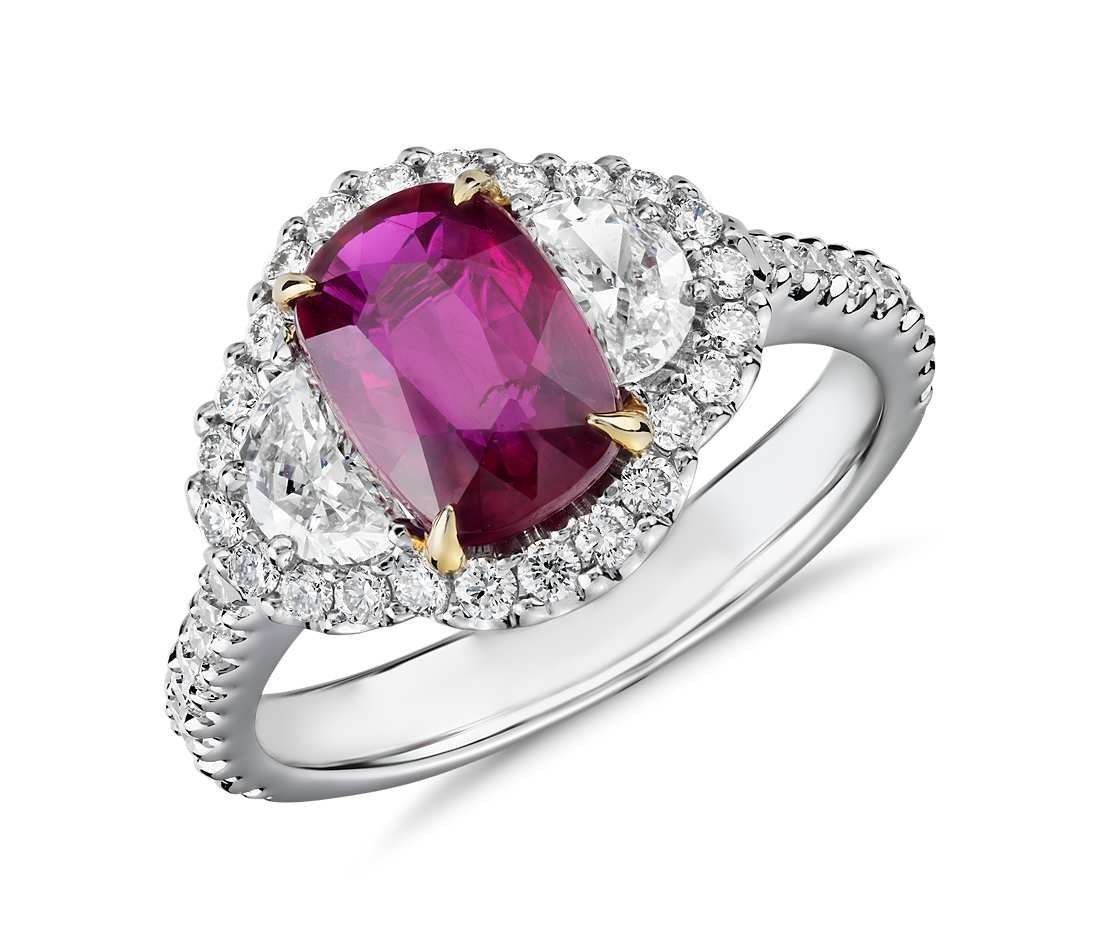 Three-Stone Cushion Cut Ruby & Half-Moon Diamond Halo Ring