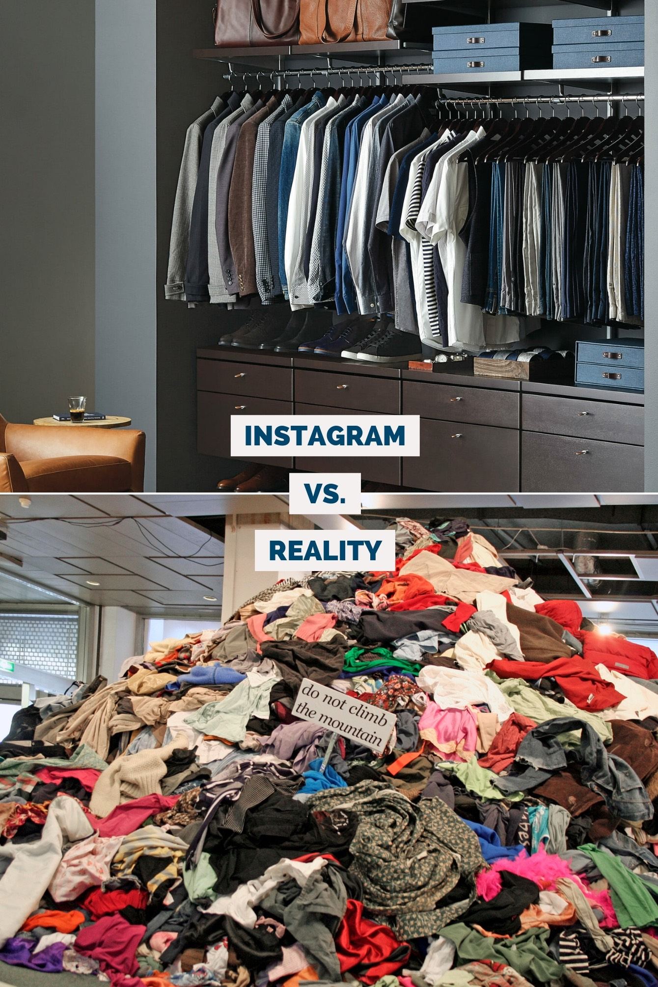 Organized closet vs. pile of clothes