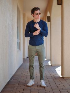 Blue Henley With Olive Chinos - The Modest Man