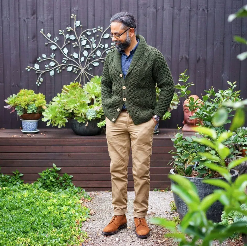 Shawl neck cardigans with chinos