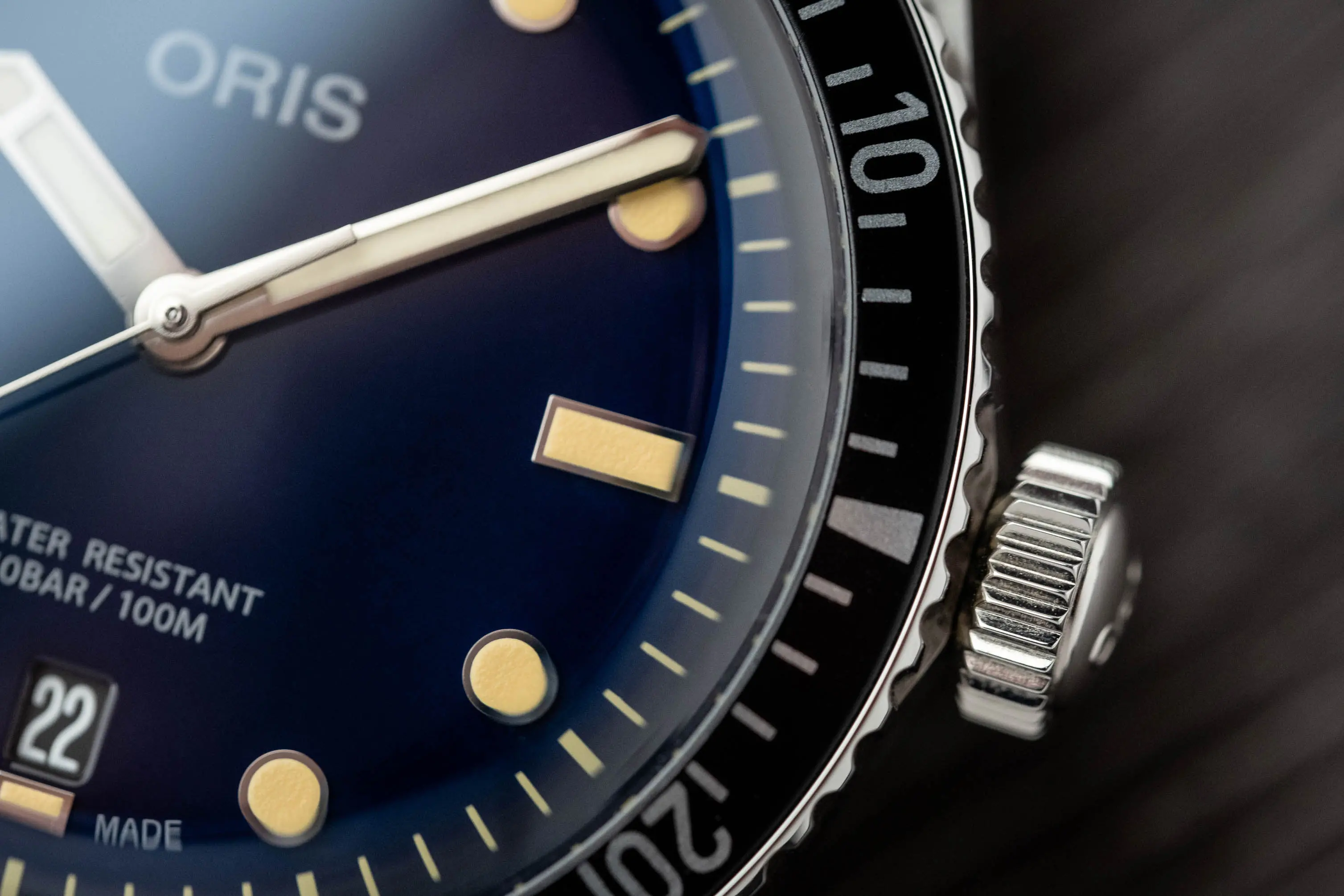 Oris Divers Sixty-Five Hands & Dial close up