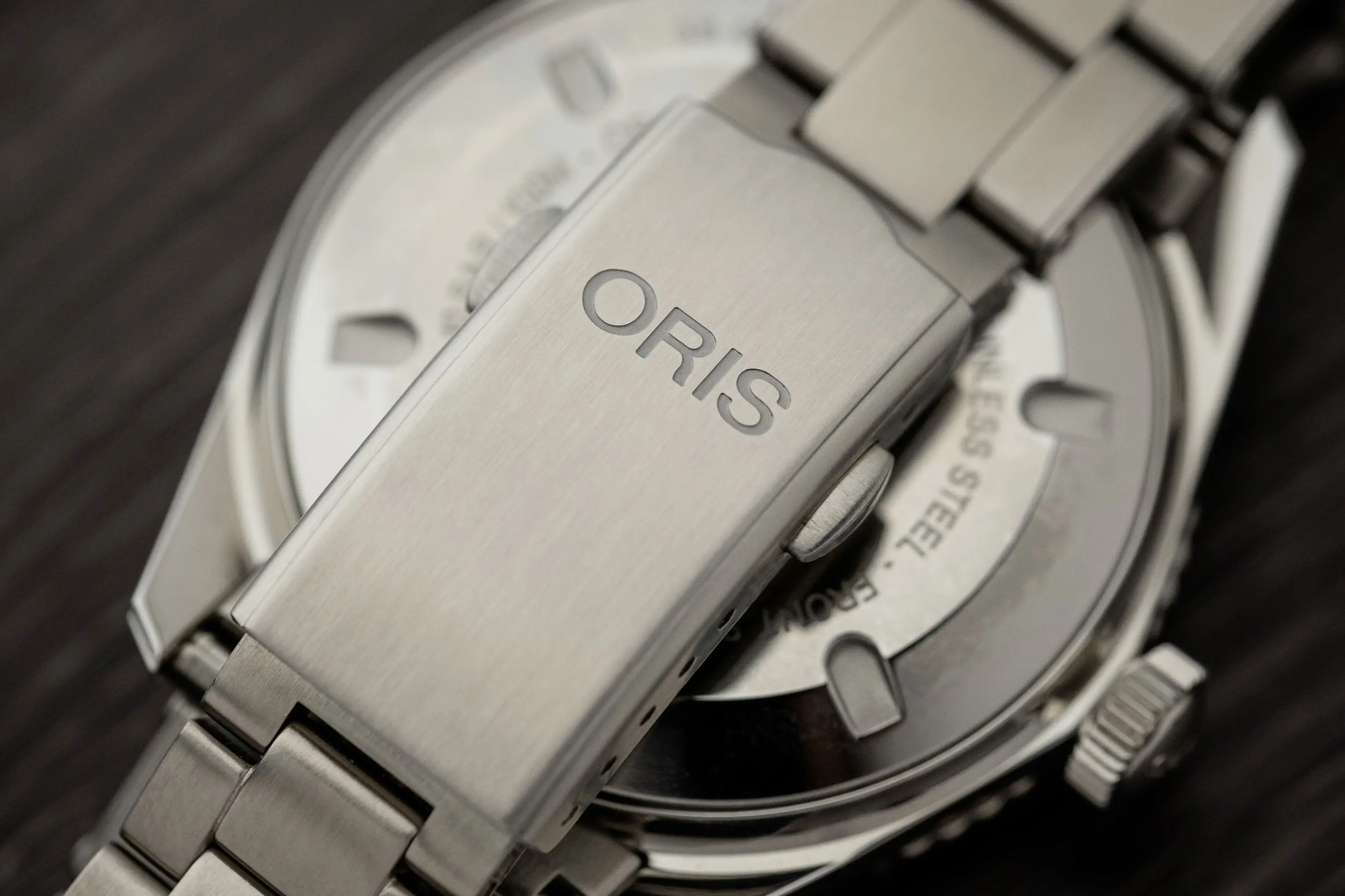 Oris Divers Sixty-Five clasp close up
