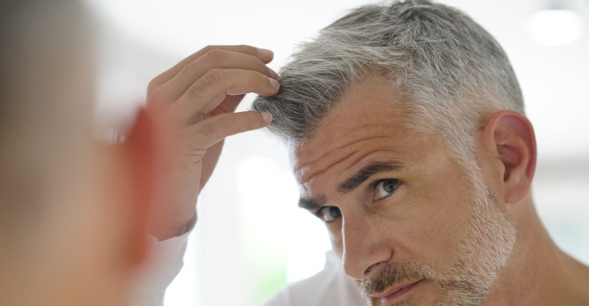 A close-up of a man with grey hair looking in a mirror and styling his hair with his hand, wearing a white shirt.