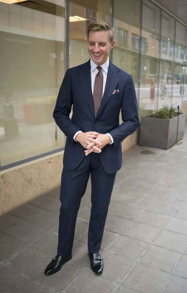 true navy suit with black Oxford lace ups