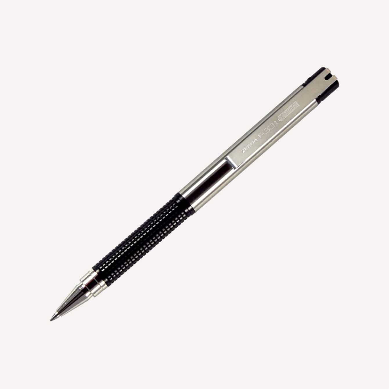 Zebra F 301 Compact Ballpoint Stainless Steel Retractable Pen Fine Point 0.7mm Black Ink 2 Count