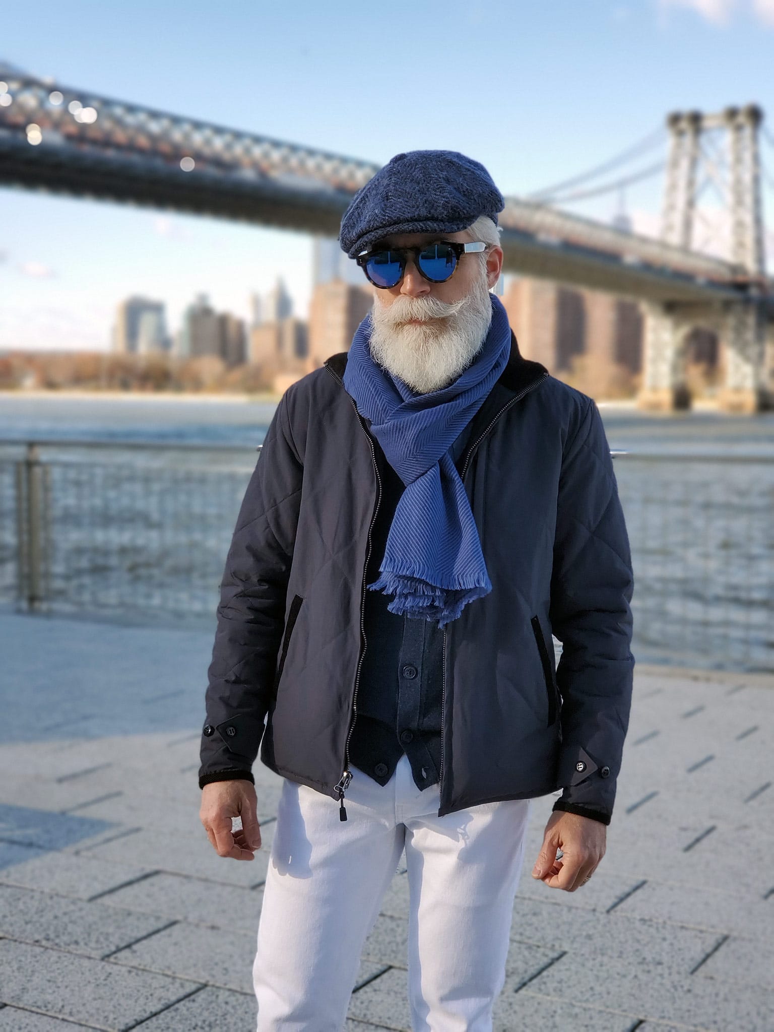 Quilted Jacket, White Jeans & Herringbone Newsboy Cap - The Modest Man