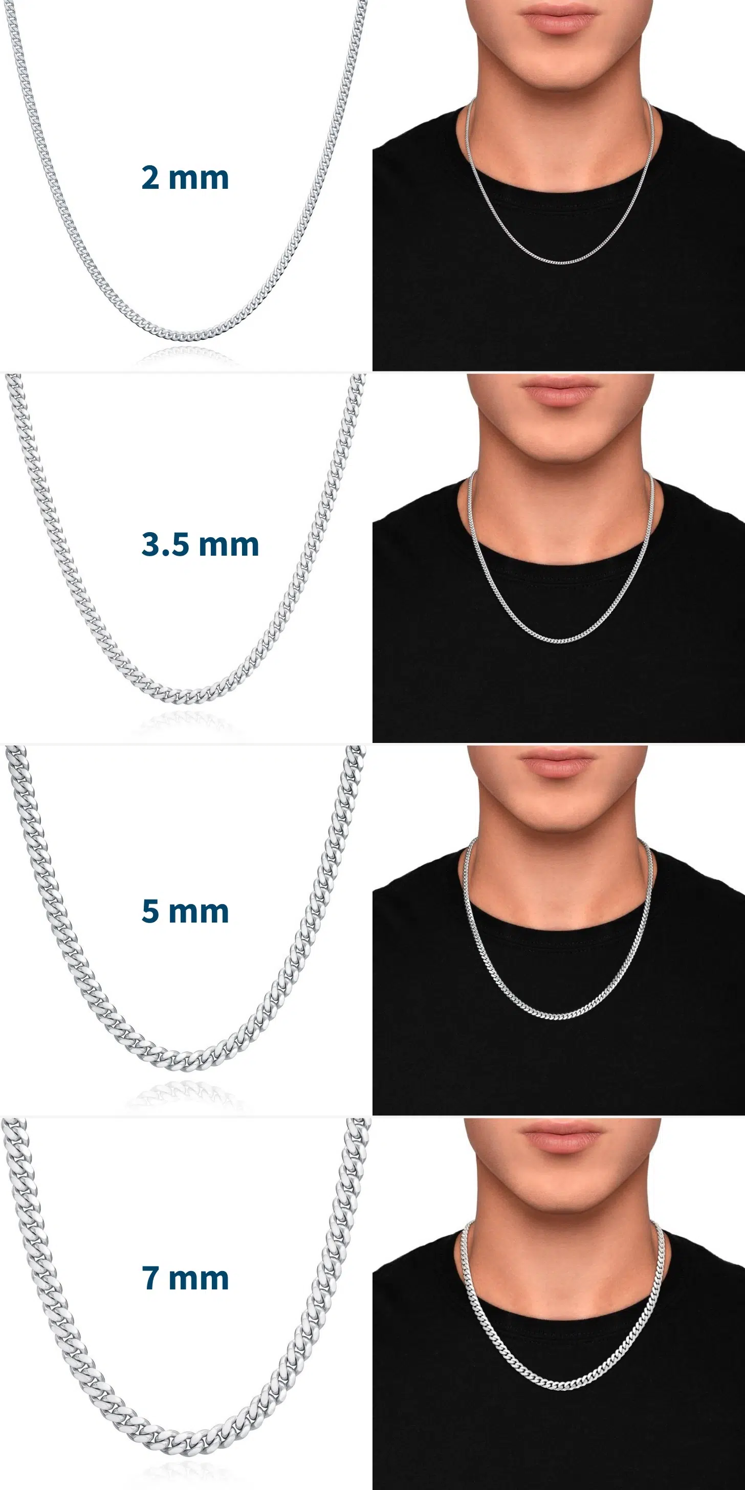 Chain necklace width chart