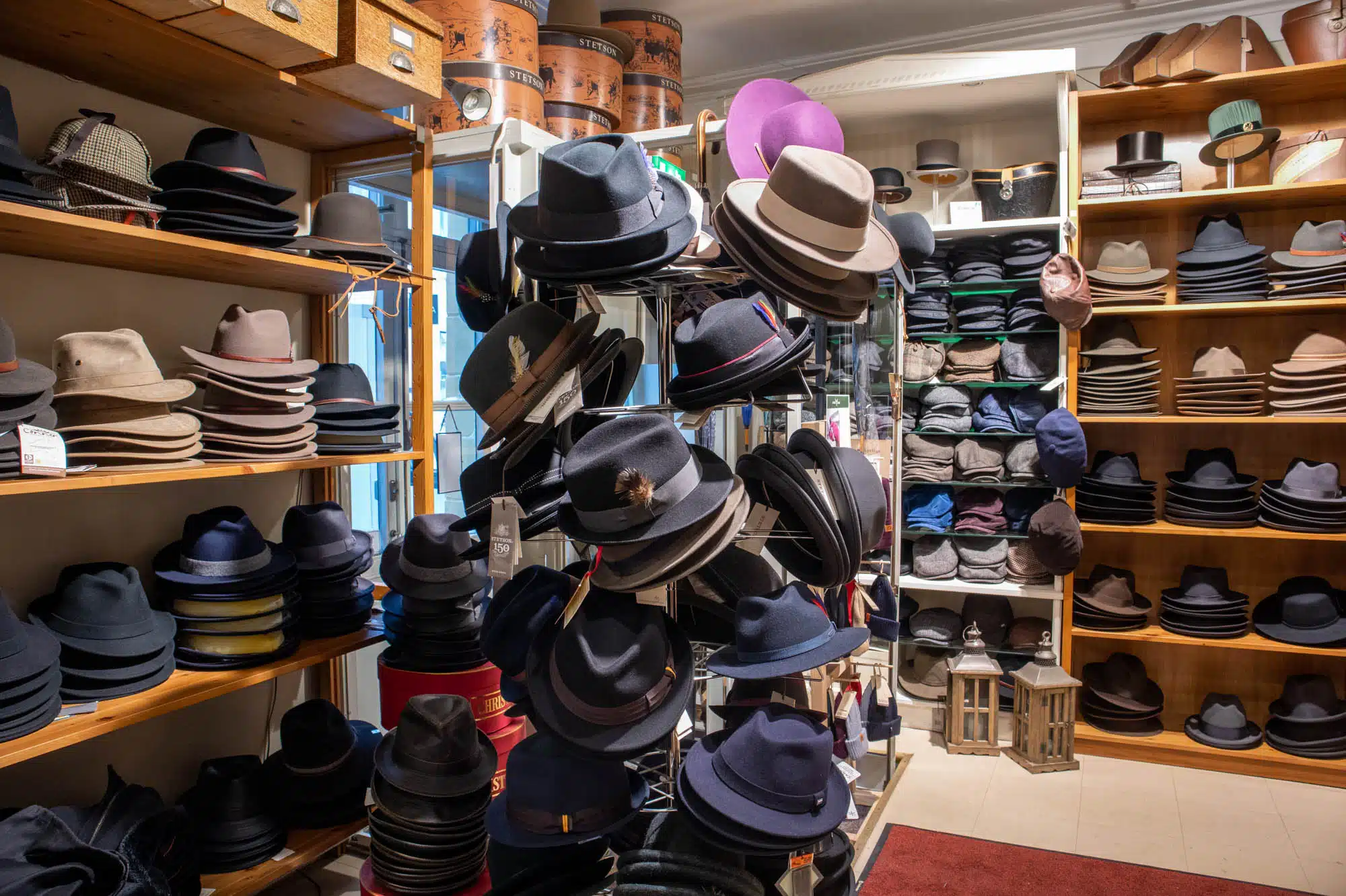 Stacks of hats in shop