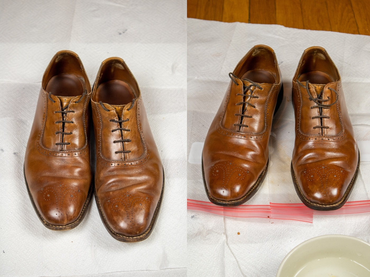 Brown Shoes Before and After Shining
