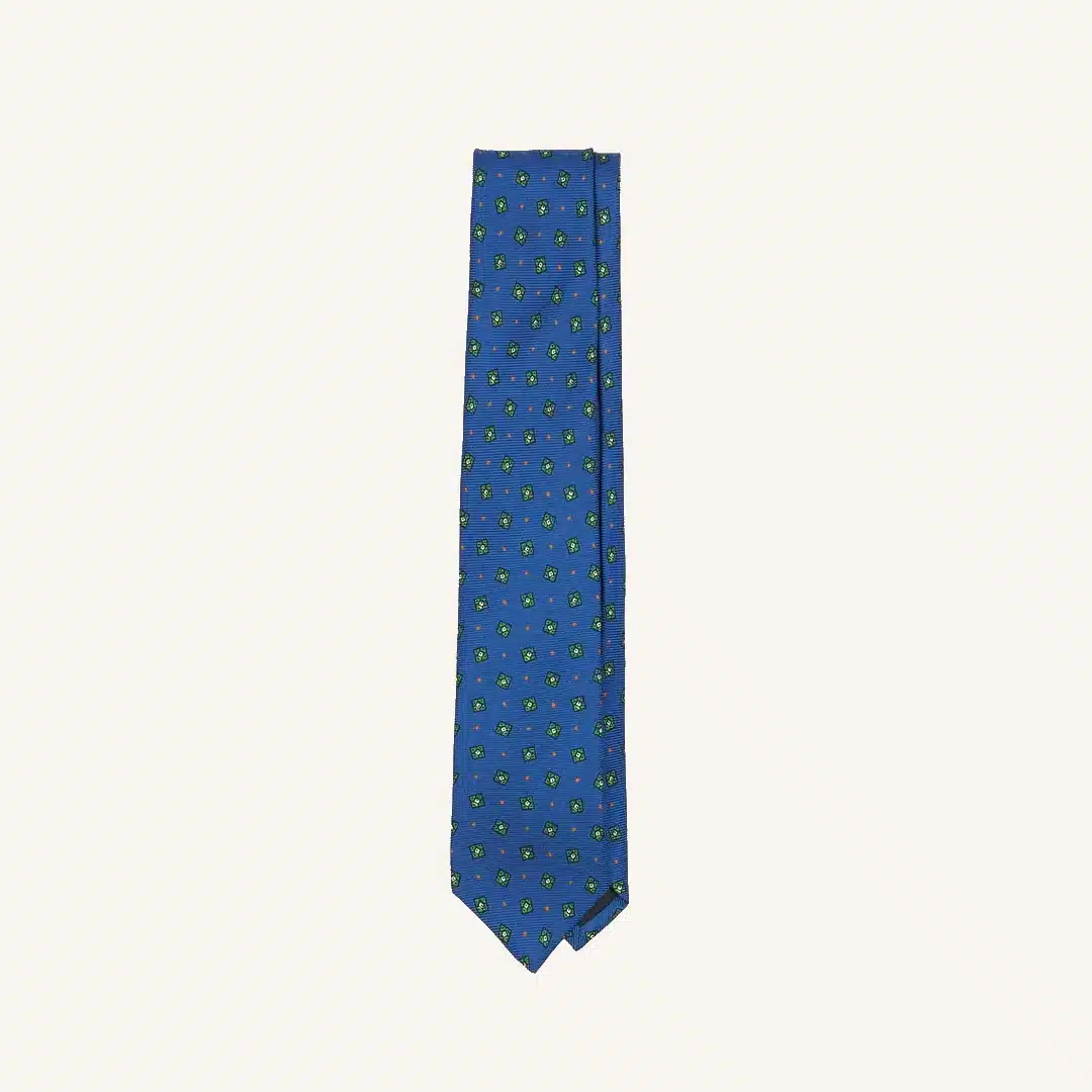 Drakes Blue Square Flower Pattern Twill Madder Tipped Tie