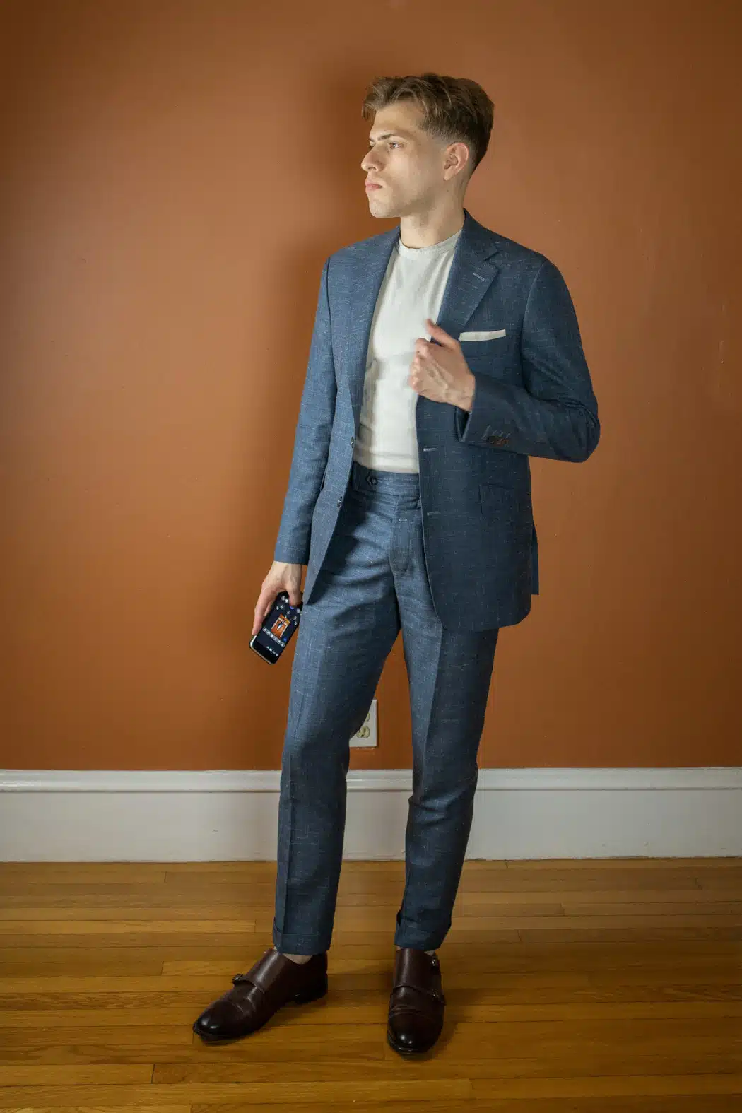 Ryan Wearing Thursday Boot Co Saint Double Monk with a suit