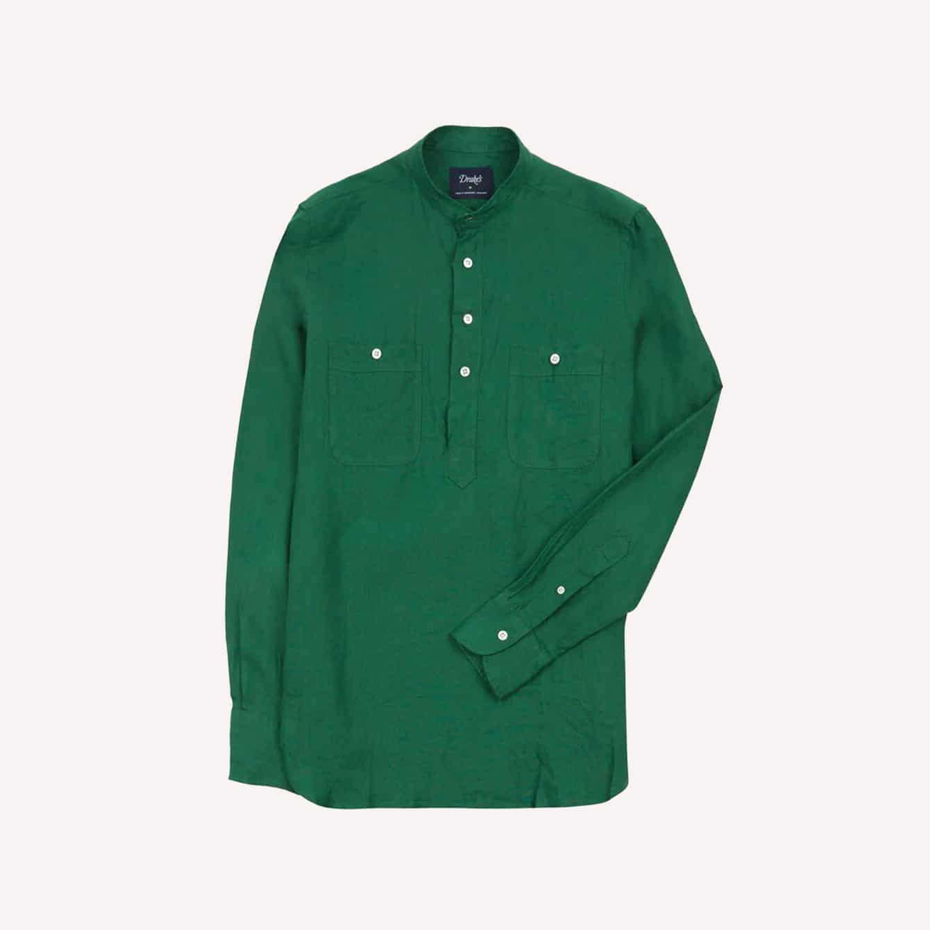 Drakes Green Linen Mandarin Collar Popover Shirt