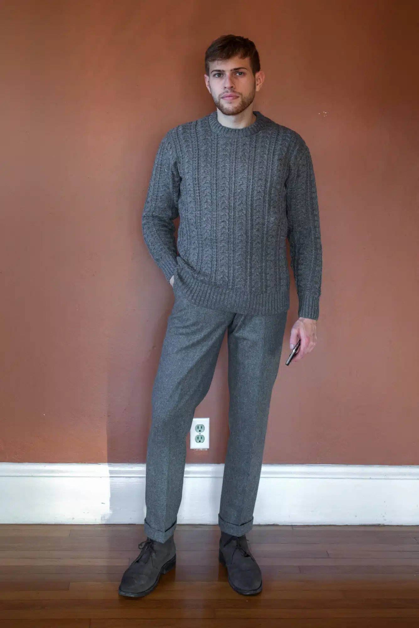 Ryan in Medium grey monochromatic outfit