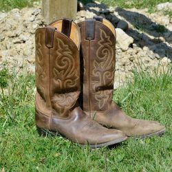 A pair of brown cowboy boots with intricate stitching standing upright in green grass.