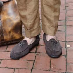 linen pants with suede loafers.