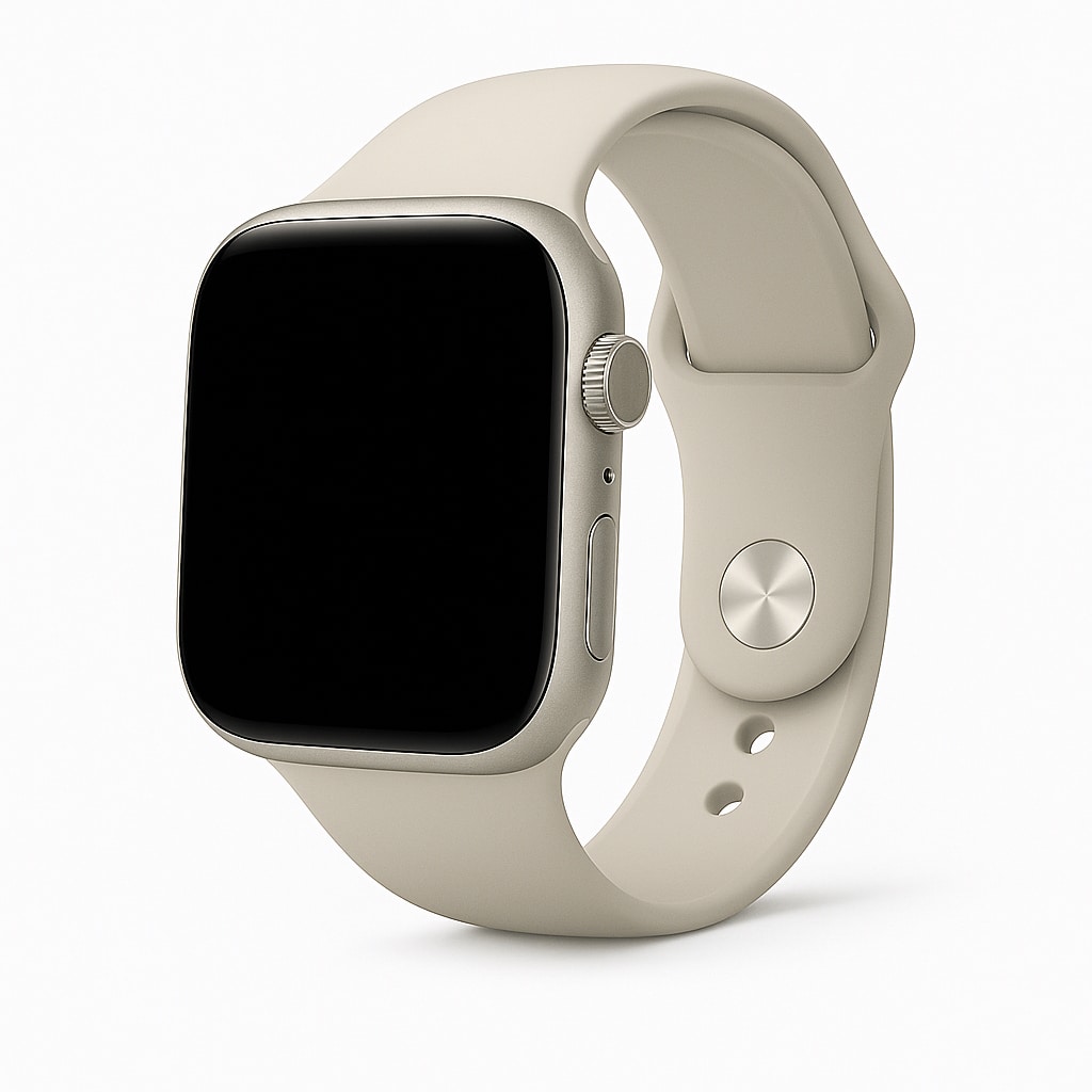 An Apple Watch Series 10 with a white rubber strap.