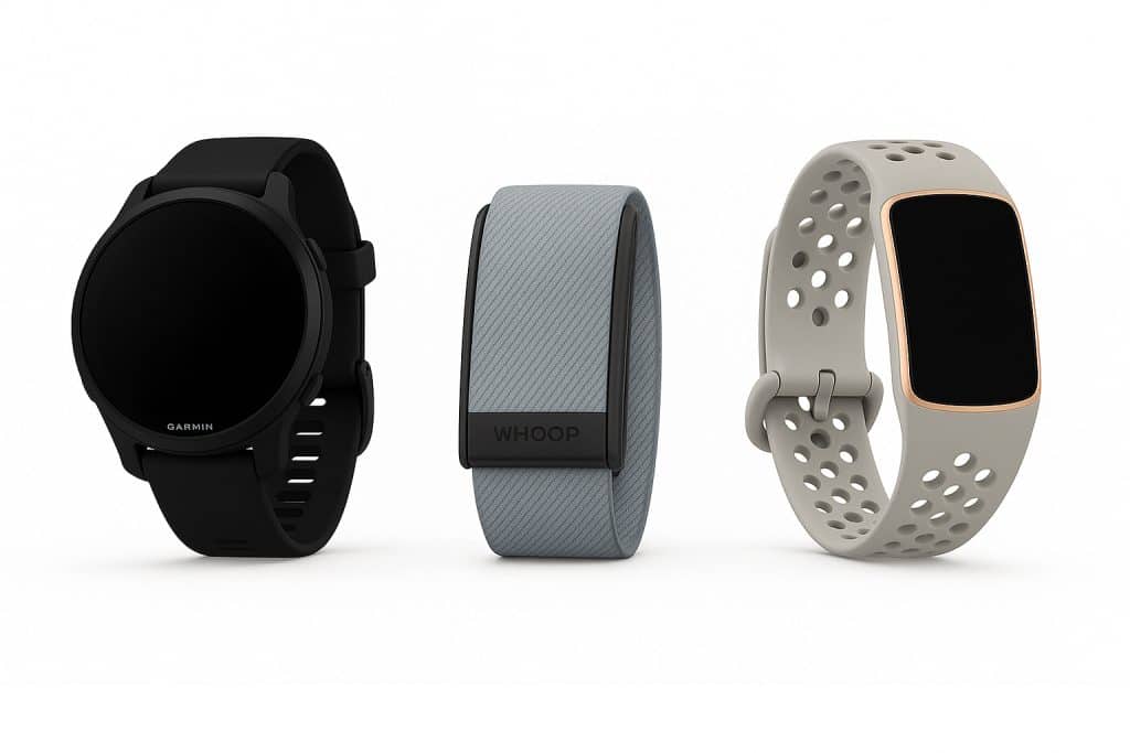 Three different fitness trackers against a white background.