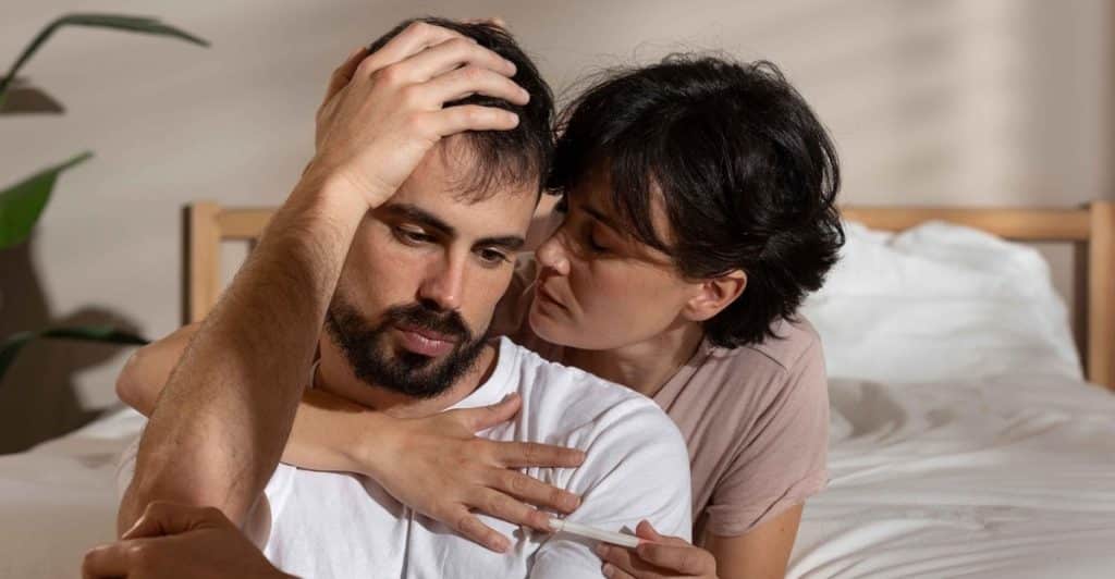 Couple sharing an emotional moment, with the woman hugging the man from behind to comfort him.
