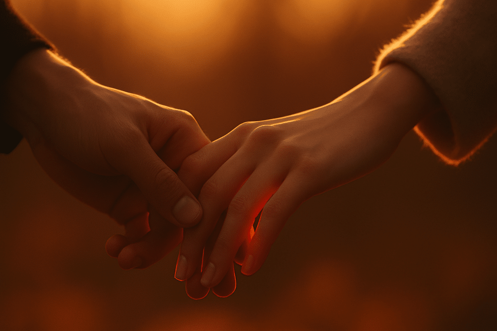 A close-up of two pairs of hands gently touching or holding each other, with a warm, blurred background.