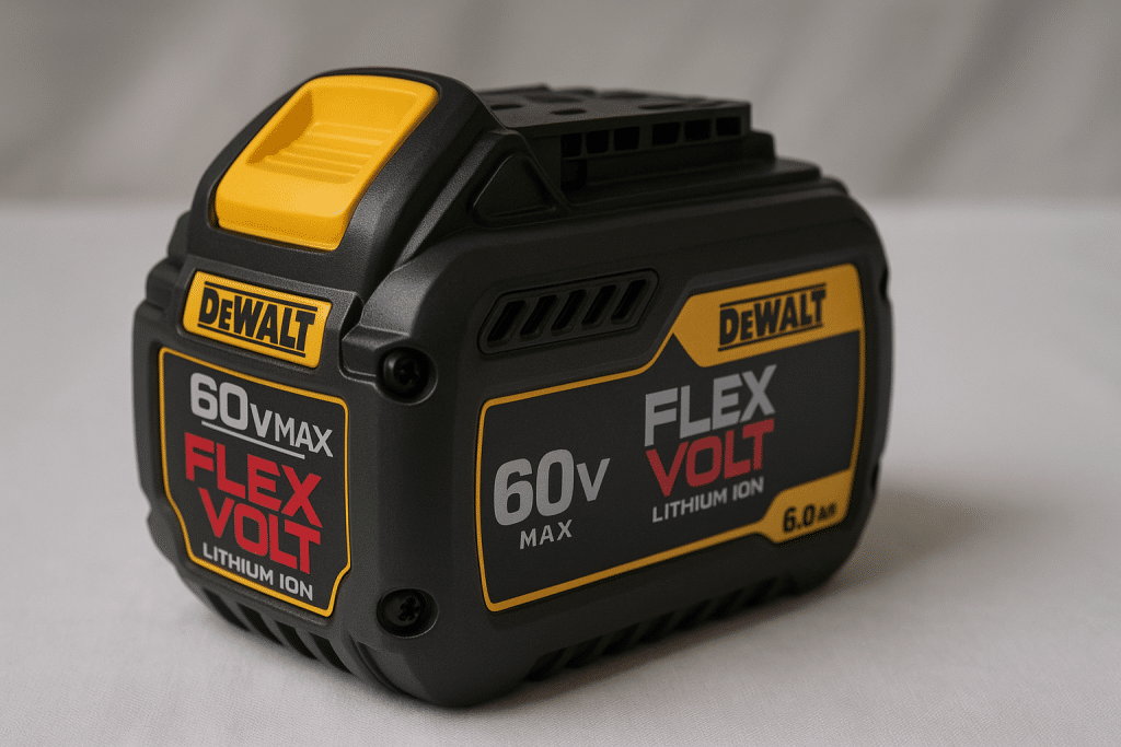 A black and yellow  battery pack with "60V MAX" and "Lithium Ion" labels, viewed at an angle.