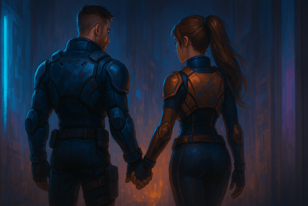 A man and a woman in armor holding hands