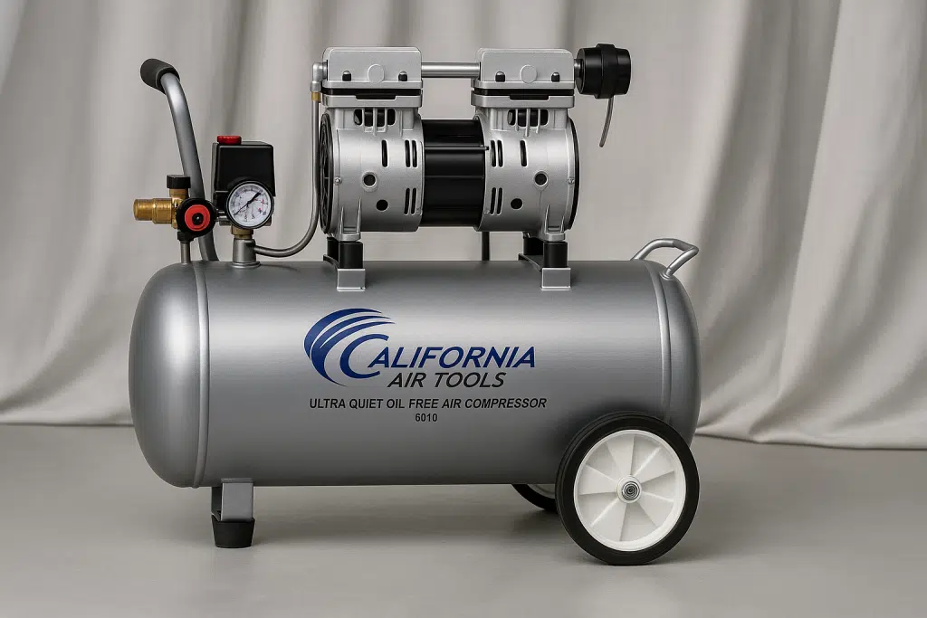 A grey air compressor with a tank, gauges, and wheels, positioned against a light background.