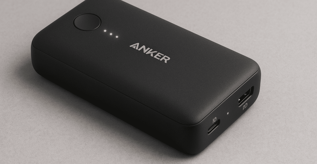 A top-down view of a black Anker PowerCore 10000 PD Redux power bank on a gray surface.