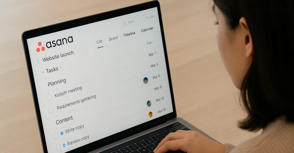 A person using a laptop to view the Asana project management interface, showing tasks assigned to team members.