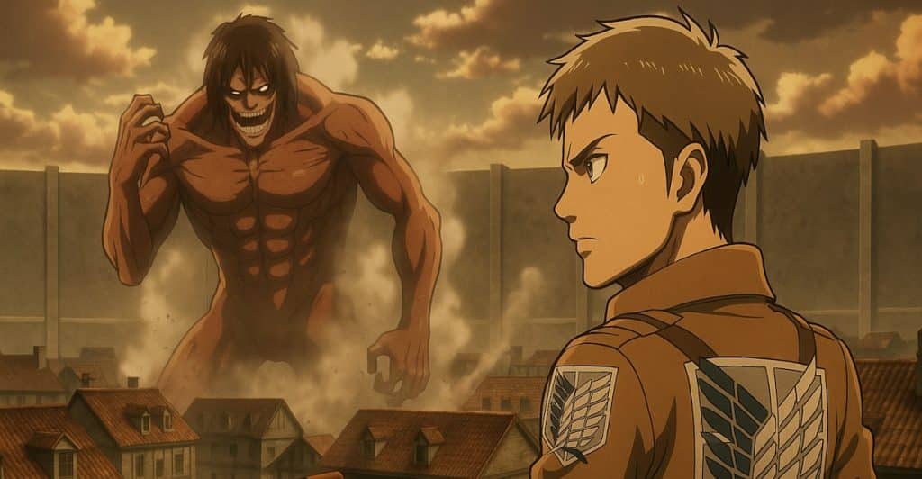 A large Titan looming over a character in a brown jacket with a symbol on the shoulder, with a walled city in the background.