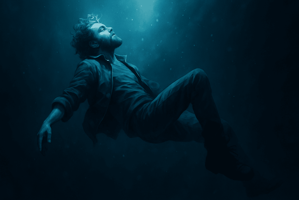 A bearded man wearing a jacket submerged in water with light entering from the surface.