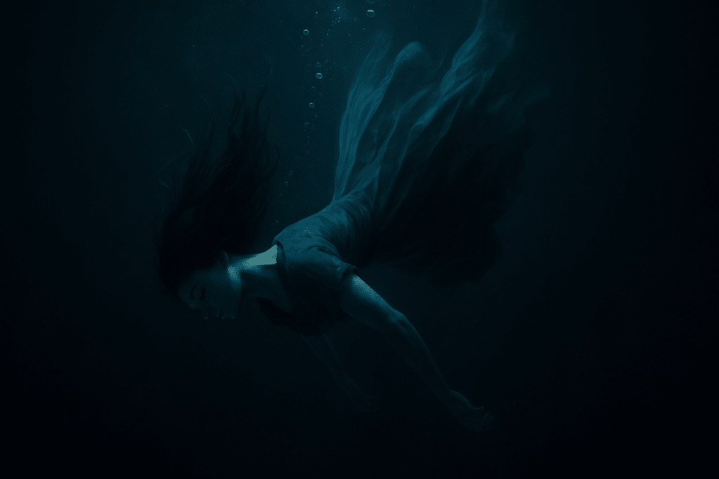 A person with long dark hair and wearing a dark blue dress appears to be submerged in dark blue water, with the dress flowing around them.