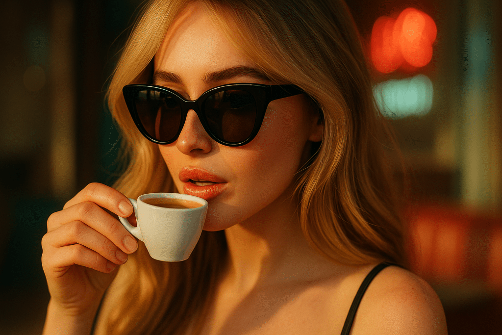 A close-up portrait of a person with long blonde hair, light eyes, and pink makeup, holding a whit cup.