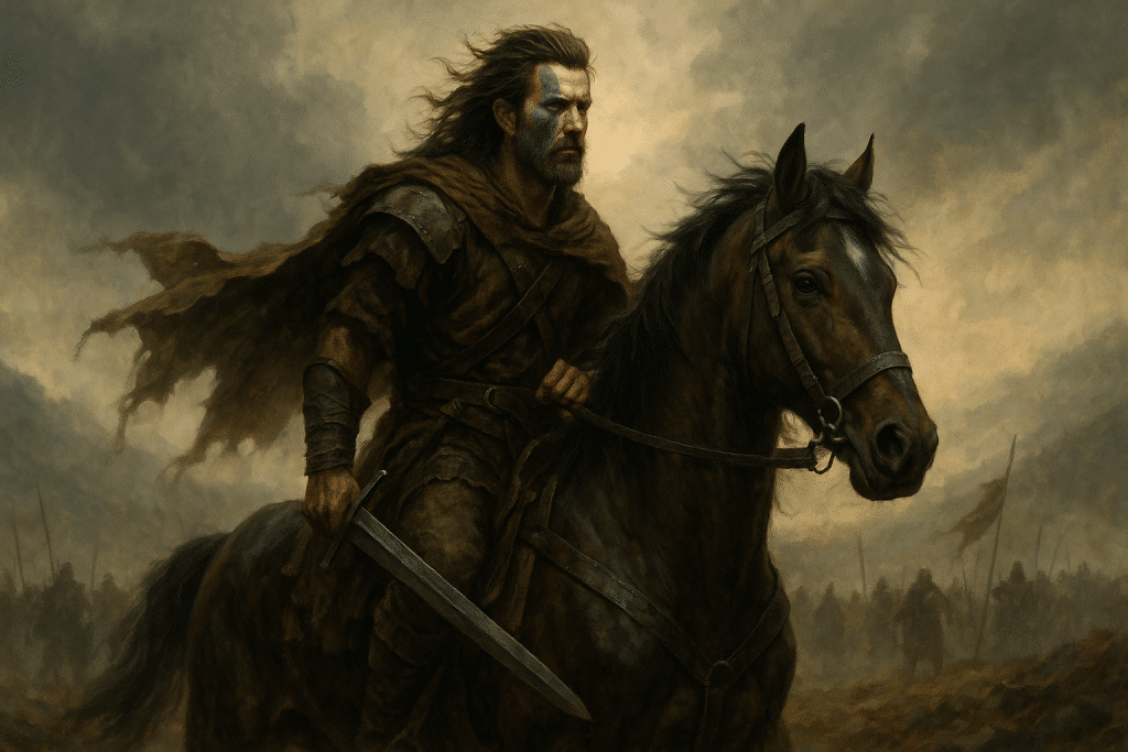A warrior on horseback holding a sword.