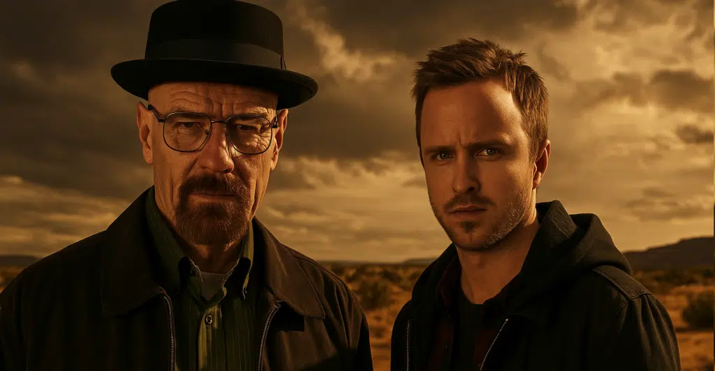 Two male characters from "Breaking Bad" in a desert setting.