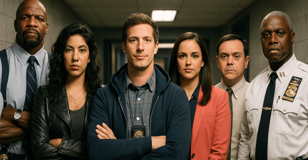 The cast of "Brooklyn Nine-Nine" standing in a line.