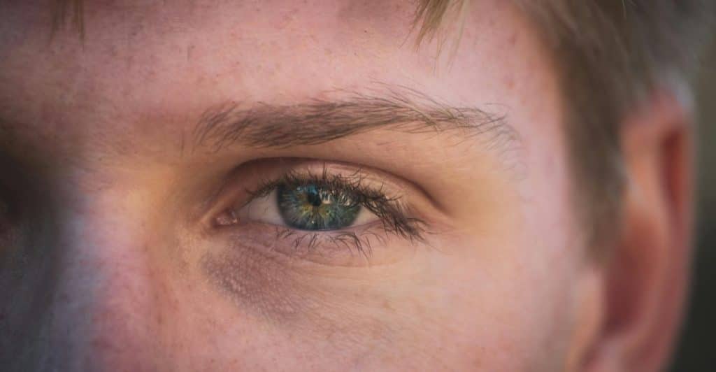 A close-up shot of a person's eye and eyebrow.