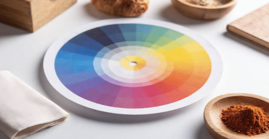 A color wheel is surrounded by various objects on a white surface, including wooden bowls and a white cloth.