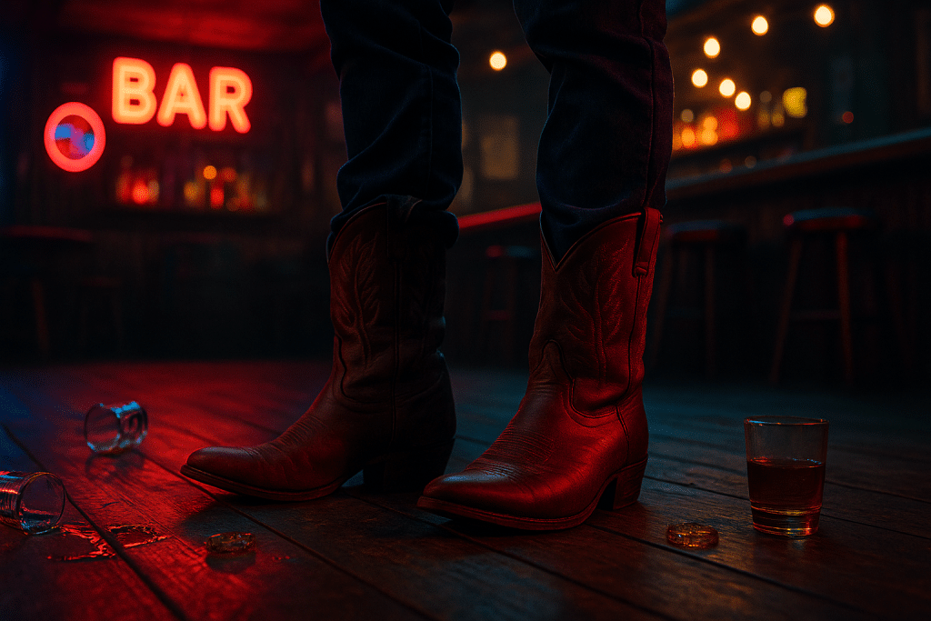 A close-up shot of a person wearing jeans and cowboy boots standing on a wooden floor in what appears to be a bar setting, with a neon "BAR" sign visible and scattered glasses and coins on the floor.