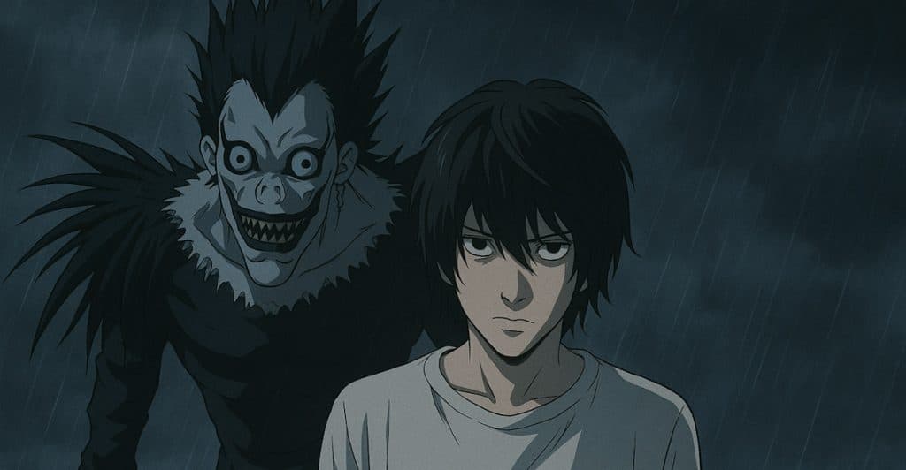 Two male characters, one with dark hair and a light shirt, the other with dark features and wings, in a dark, rainy setting.