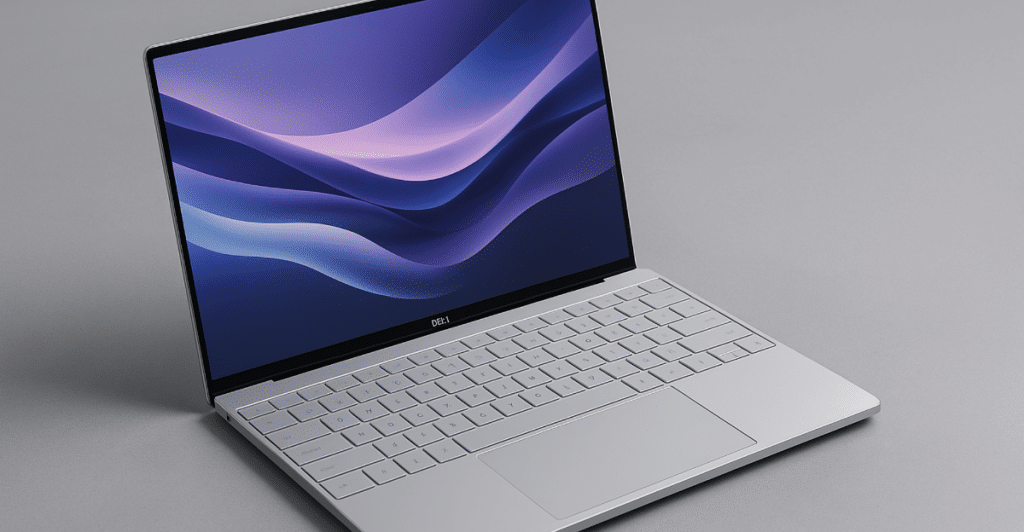  A top-down view of a silver Dell XPS 13 Plus laptop open on a gray surface, displaying a colorful abstract wallpaper on the screen.