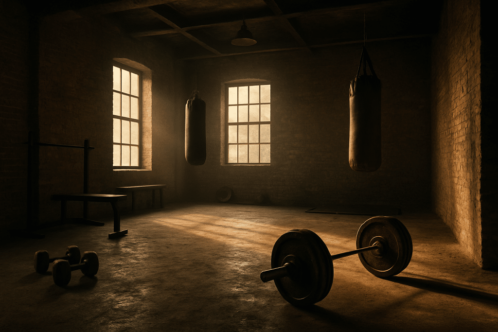An empty gym with boxing equipment and a barbell.
