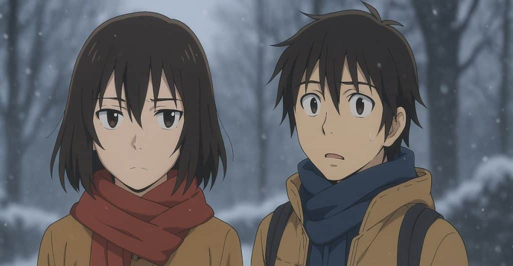 Two anime characters, one male and one female, wearing winter coats and scarves, standing in a snowy setting.