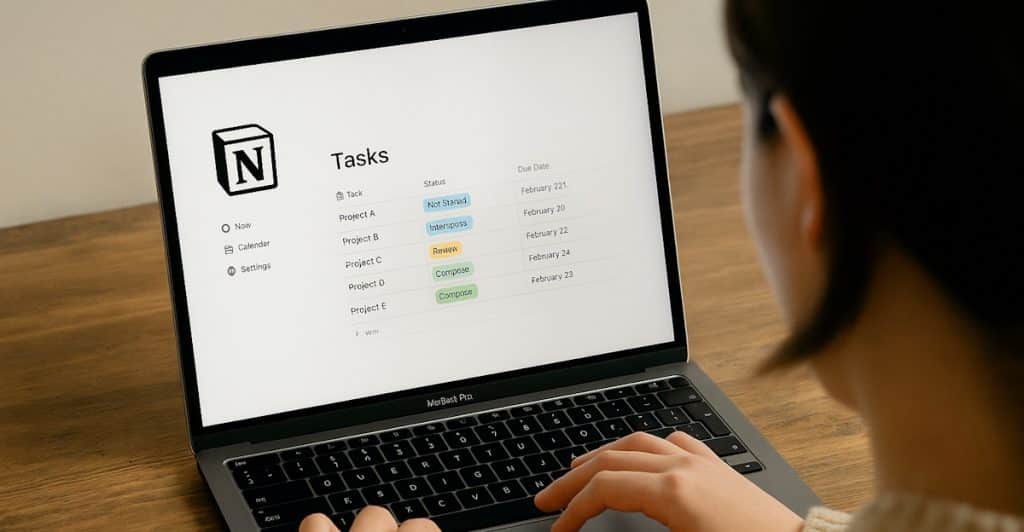 A laptop displaying the Evernote app logo on a wooden surface.
