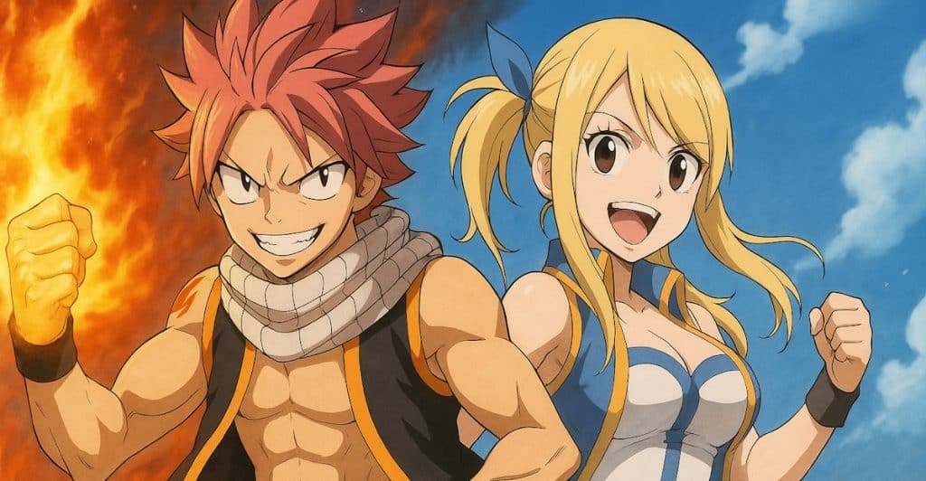 Two characters, one with pink hair and the other with blonde hair, standing in front of a background split between fire and sky.