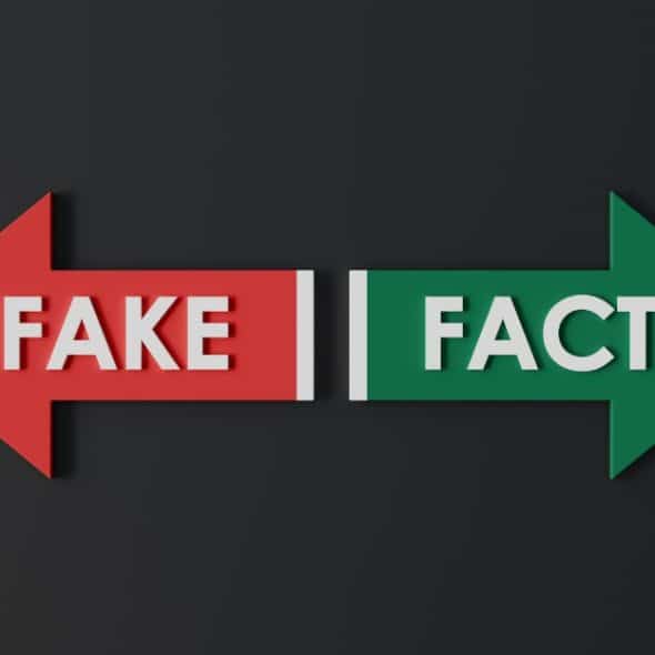 Graphic with red "FAKE" arrow and green "FACT" arrow pointing left and right.